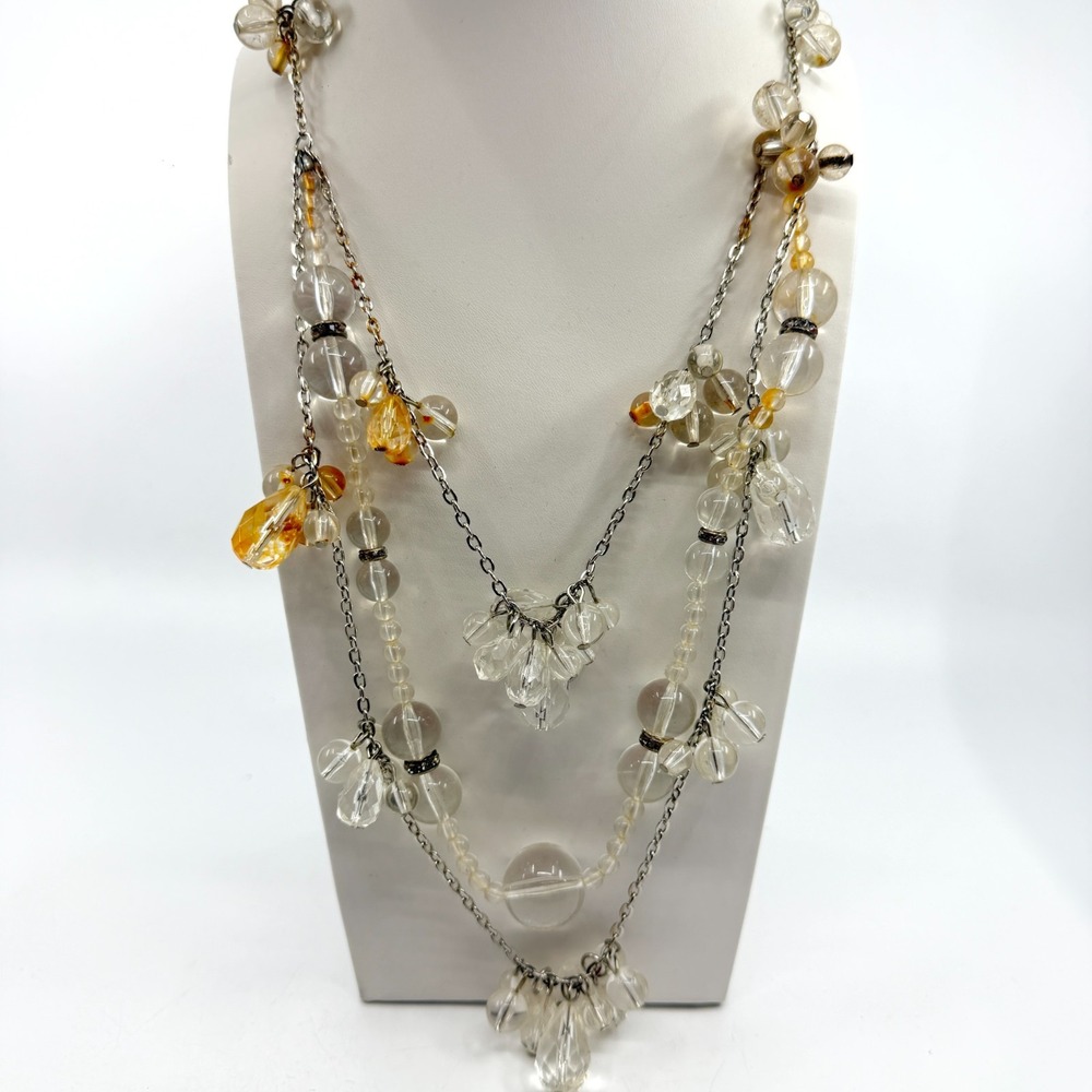 Ashley Stewart Multi Layer Clear & Amber Bead Statement Necklace